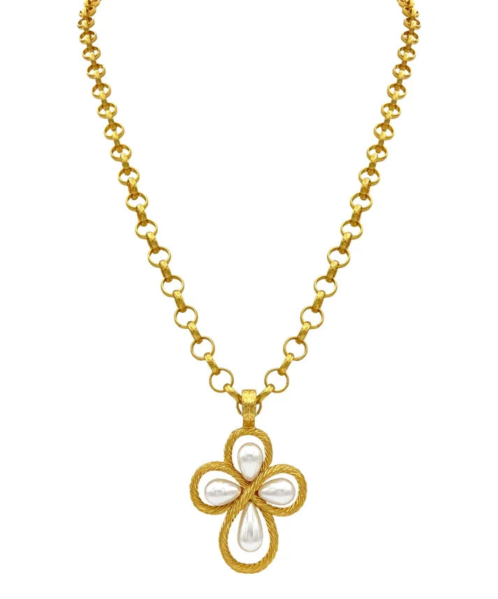 Pearl Bead Twist Cross Necklace