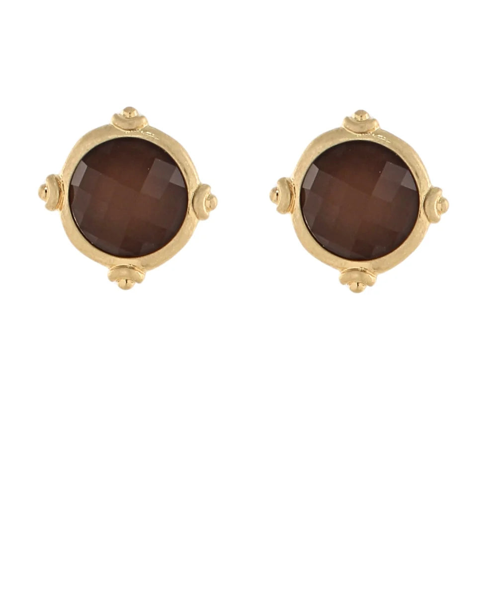Brown Framed & Faceted Stone Earrings