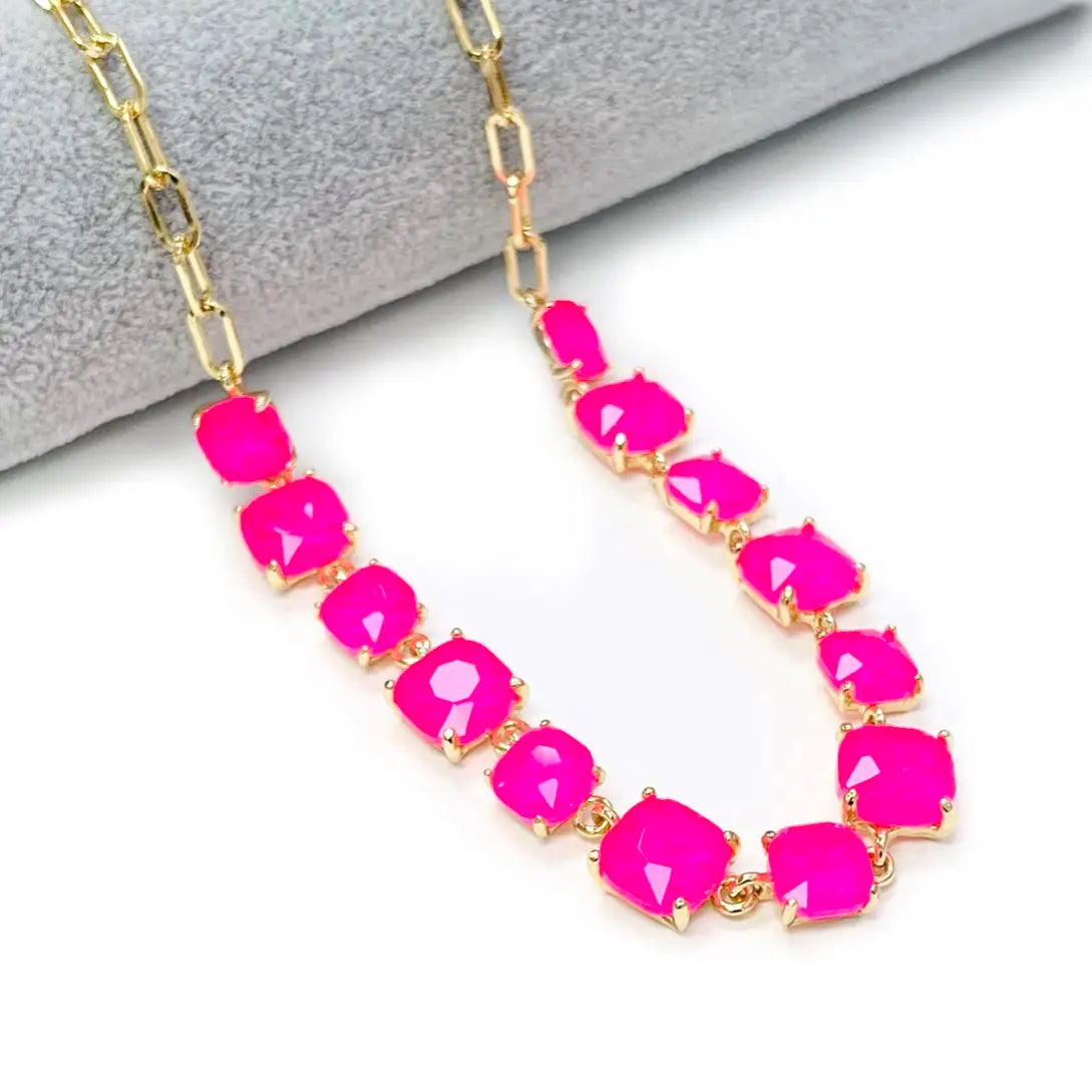 Pink Squared Glass Crystal and Gold Chain Necklace
